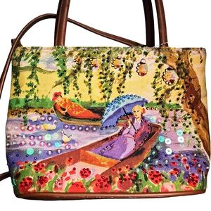Bueno Cottagecore Scenic Beaded Satin Satchel Garden Boat Scene Tote Bag